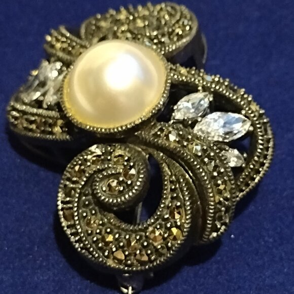 🎬Judith Jack Marcasite Sterling Silver Pearl Brooch - Picture 3 of 8